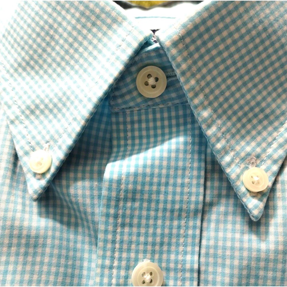 Aqua Check Long Sleeve Button Down Shirt Men's 16 1/2 Easy Care Preppy Classic
